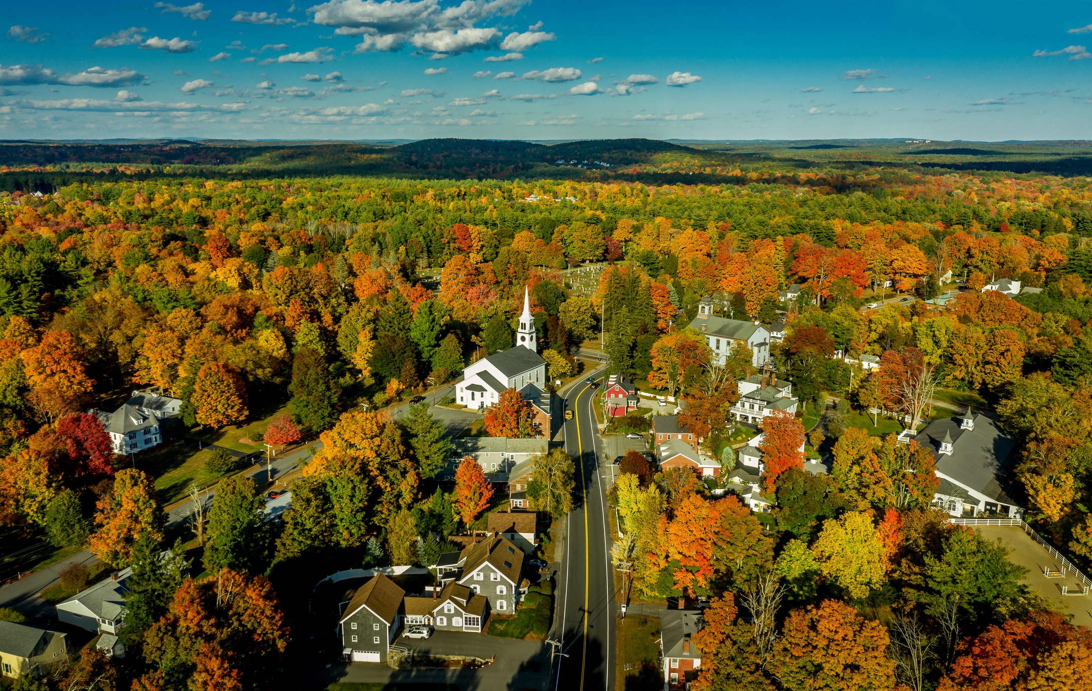 Aerial view of a Massachusetts town in autumn